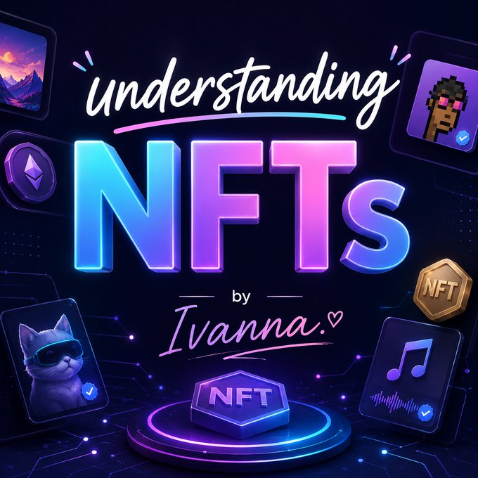 A vibrant graphic titled 'understanding NFTs by Ivanna.♡' featuring a neon 'NFTs' logo surrounded by icons representing digital art, music, and cryptocurrency.