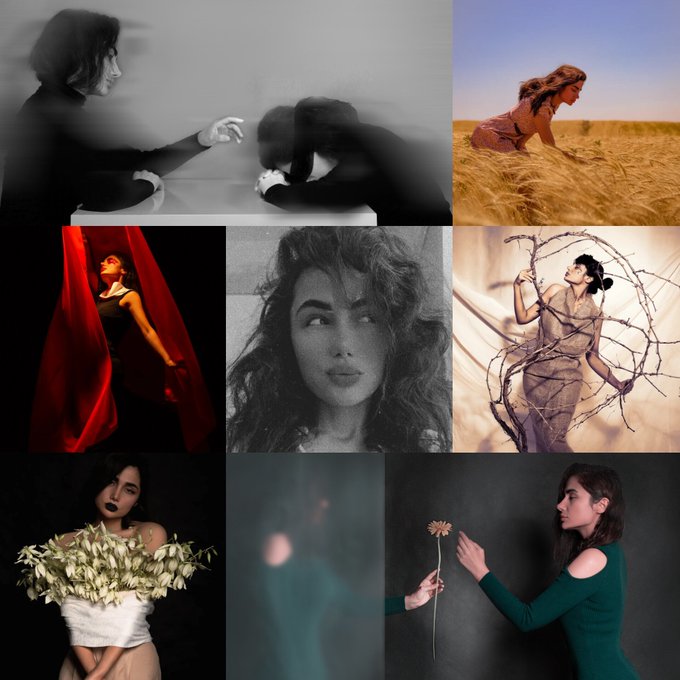 A collage of eight artistic portrait photos of women in various poses and settings, including black and white images and color photographs.