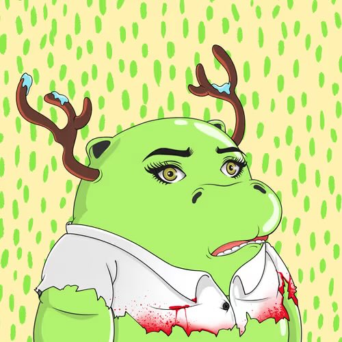 An illustration of a green dinosaur-like character with deer antlers, wearing a torn white shirt with bloodstains, set against a yellow background with green polka dots.