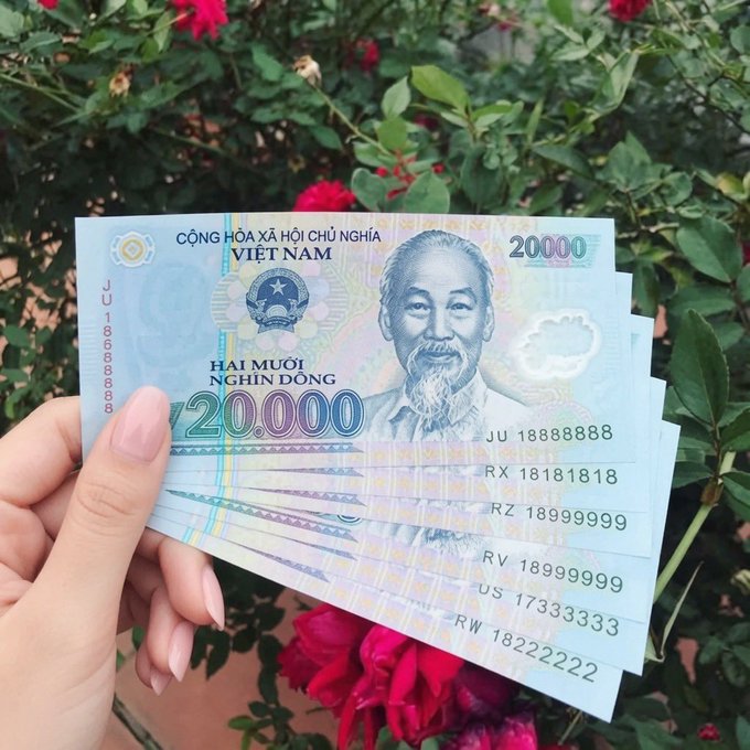 A person displays a fan of Vietnamese 20,000 đồng banknotes featuring Ho Chi Minh, with consecutive serial numbers including JU 18888888, RX 18181818, and RZ 18999999, held against a backdrop of red roses—presented as collectible "crypto" to a potential buyer.