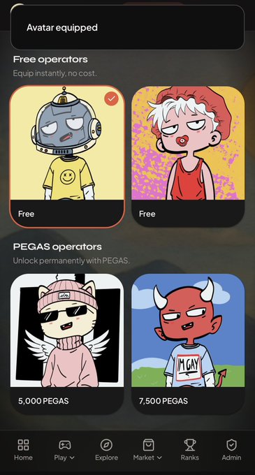 A mobile app interface displays an "Avatar equipped" confirmation screen with free operator characters (a robot and a white-haired figure) plus PEGAS operators priced at 5,000 and 7,500 PEGAS, including a winged cat and a red devil character. The screen shows navigation tabs for Home, Play, Explore, Market, Ranks, and Admin, aligning with the post's promotion of creating an account on pepegasnft.art to secure an operator spot.