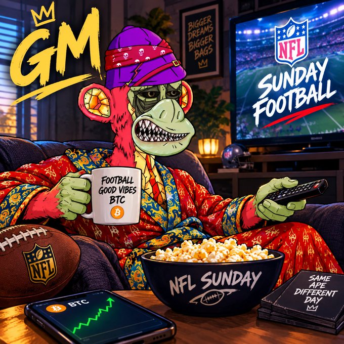 An AI-generated illustration of a cartoonish monkey in pajamas holding a "Football Good Vibes BTC" mug, watching NFL Sunday Football with popcorn and a BTC chart phone in the foreground.