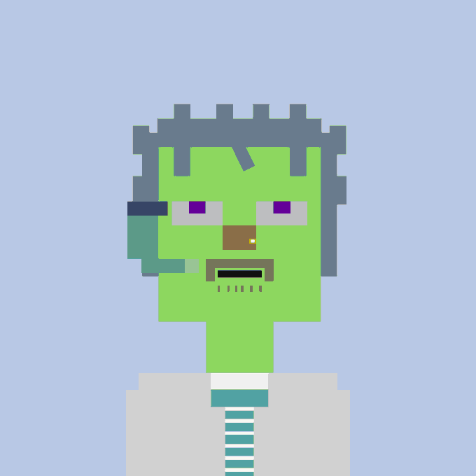 A pixel art portrait of a green zombie-like character with purple eyes, gray hair, and a gray shirt with a teal stripe, set against a light blue background.