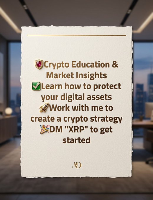 An advertisement poster reads 'Crypto Education & Market Insights,' offering to 'Learn how to protect your digital assets' and instructing users to 'DM "XRP" to get started,' with 'AD' at the bottom.
