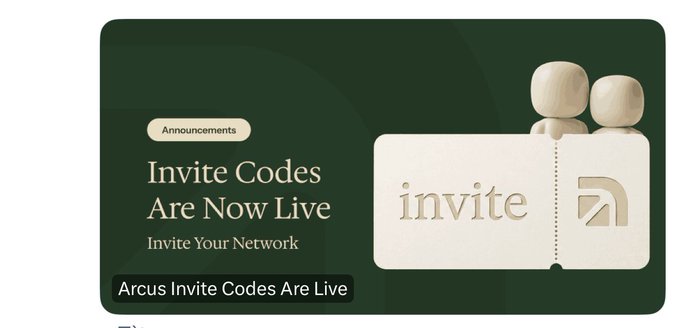 A promotional graphic with dark green background announcing 'Invite Codes Are Now Live' for Arcus, featuring an illustrated ticket that says 'invite' and two small wooden figures.
