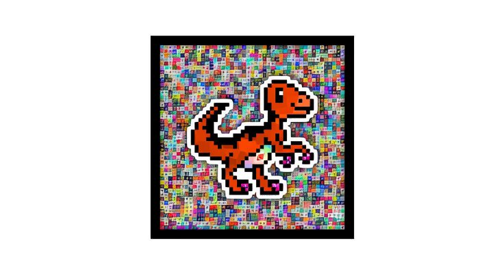 The image features a cartoon dinosaur with its tail raised high, standing out against a white background. The dinosaur appears to be made of small squares or tiles, creating an interesting and unique visual effect. The text accompanying the image reads "The 1of1 Mythical PixelSaurus® Claw is somewhere within the next 398 mints! Whoever mints it will INSTANTLY win 1 ETH! We'll also be picking minters from all 2000 mints to win NFTs, Books & Tokens!".