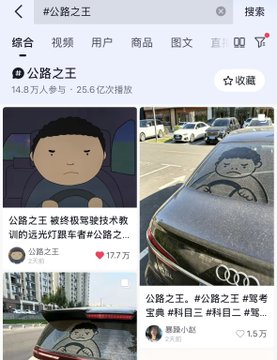 A Chinese social media search results page for '#公路之王' (King of the Road), showing a meme character on car sunshades with posts about the trending topic and 25.6 billion views.