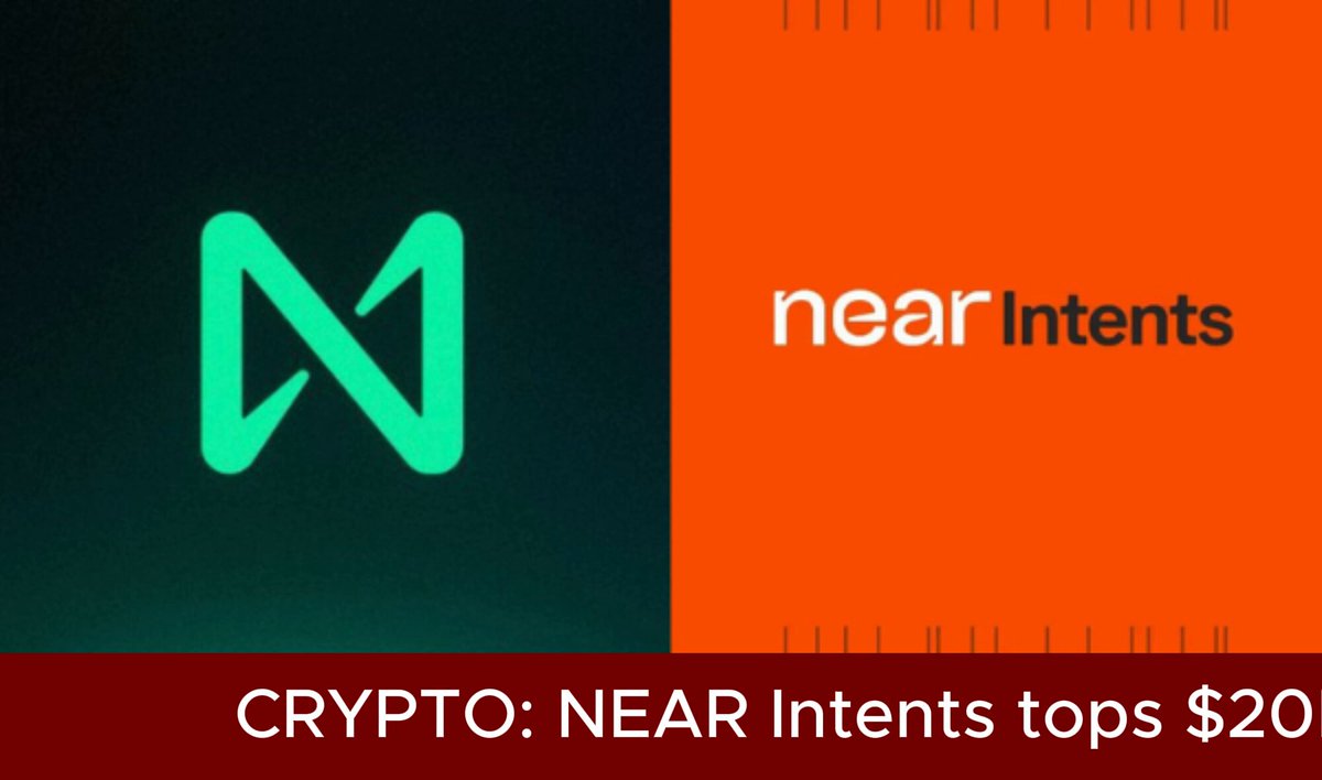 The image shows a square poster with two logos side by side - one for "NEAR Intents" at the top and another for "Crypto. NEAR Intent: Near Entities". The top logo displays a green arrow pointing towards an orange banner below, while the bottom logo has a green letter "N" on a red background. Below these logos, there is text providing information about the two related entities in terms of the amount of currency they are worth or their total cross-chain volume since a particular time period. The numbers $20B and approximately half that amount by mid-May can be seen under each logo, indicating financial success for the entities over this timeframe.