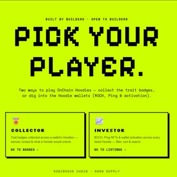 Bright yellow-green promotional graphic for "OnChain Hoodies" with the headline "PICK YOUR PLAYER," offering two modes: COLLECTOR (GO TO BADGER) and INVESTOR (GO TO LISTING) built on Noischain.