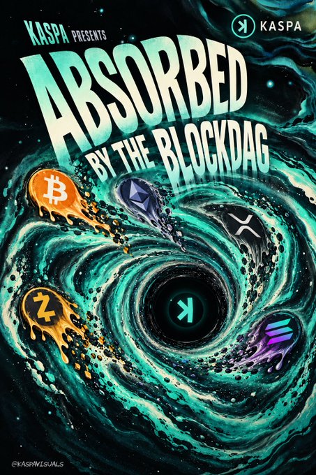 A Kaspa promotional poster titled 'KASPA PRESENTS ABSORBED BY THE BLOCKDAG,' showing a swirling teal vortex with cryptocurrency logos (Bitcoin, Ethereum, XRP, Zcash, Solana) being pulled toward a black hole featuring the Kaspa 'K' logo.