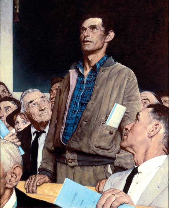 A Norman Rockwell-style painting shows a gaunt man in a worn jacket standing before an attentive crowd, with a blue pamphlet partially reading "FOUR FREEDOMS" visible at the bottom. The image relates to the post by contrasting the earnest, hopeful public gathering with the post's discussion of Bitcoin's enormous past gains and the unrealistic expectations they create for investors today.