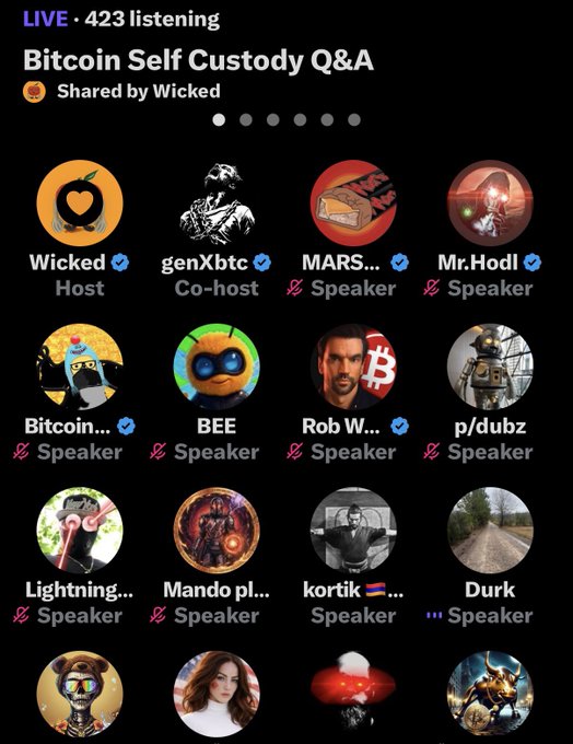 A screenshot of a live audio room for "Bitcoin Self Custody Q&A" shared by Wicked, showing 423 listening and featuring multiple speakers like genXbtc, MARS, Mr.Hodl, and BEE.