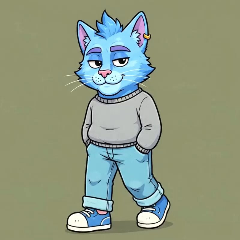 The image features a cartoon cat wearing blue jeans, a gray sweater, and blue sneakers with white soles. The cat has its arms crossed over its chest and appears to be walking or standing still. The caption "Just a $CHILL Cat on $GRAM" suggests that this is likely an advertisement for the cat character from the popular animated series "$CHILL".