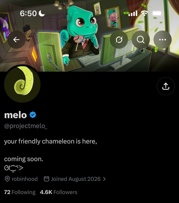 A cartoon chameleon character in a suit sits at a computer in the header, with the profile name "melo" (@projectmelo_) displayed below alongside the post text declaring "your friendly chameleon is here, coming soon."
