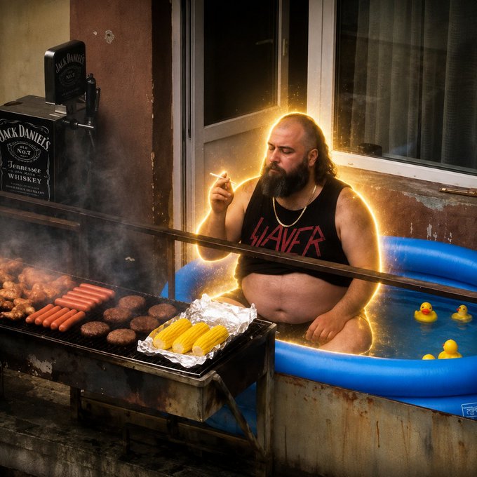 A humorous, surreal image of a bearded man wearing a 'SLAYER' tank top, smoking a cigarette while grilling hot dogs and burgers next to an inflatable pool filled with rubber ducks, with a Jack Daniel's dispenser nearby.