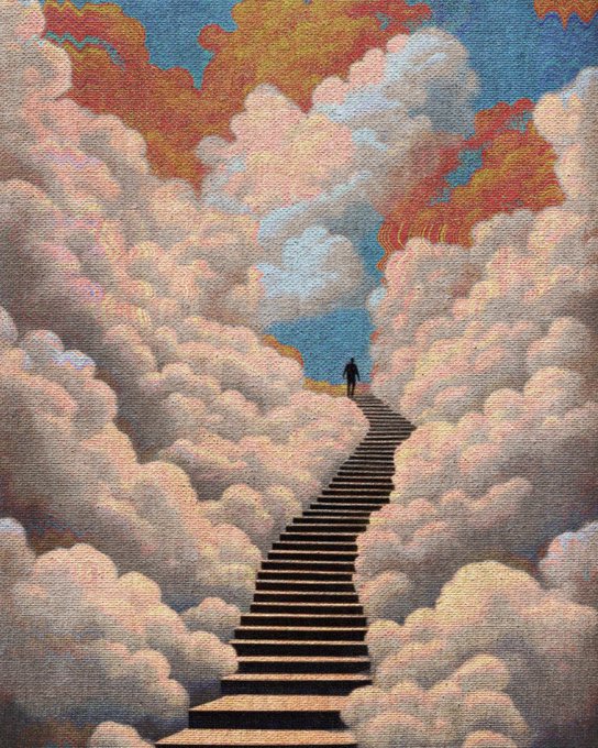 A digital painting showing a silhouetted figure climbing a long staircase ascending through dramatic clouds toward a vivid orange and blue sky.