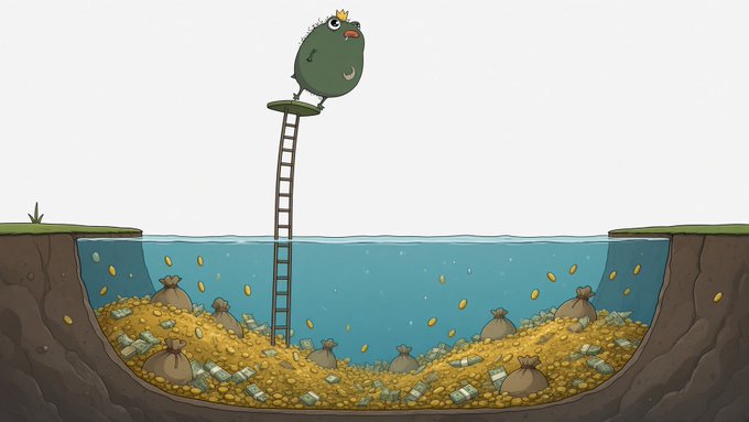 A cartoon illustration showing a green character wearing a crown standing at the top of a ladder, with a deep pit below filled with gold coins and money bags.