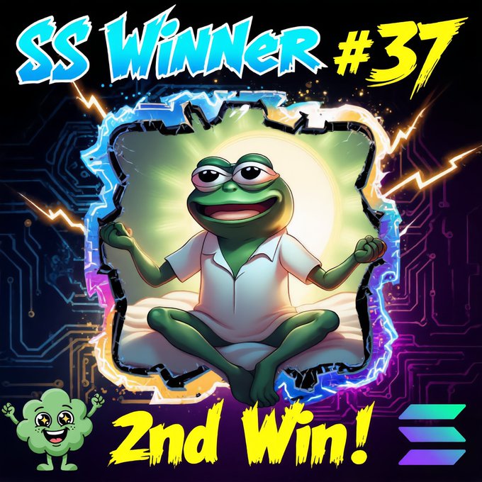 The image features a cartoon frog sitting on its hind legs with arms raised in the air, surrounded by colorful lights that create an energetic atmosphere. The background of the image has a black and purple color scheme, which contrasts with the vibrant colors of the frog and lights. In the bottom right corner of the image, there is text that reads "SMURF SPOTLIGHT V2 WINNER! Day 37 !!! 2nd Win!" This message congratulates the winner on their second win in the SMURF spotlight game series.