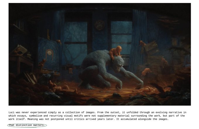 A dark, surreal painting of a white gorilla-like creature with a small child on its back in a dimly lit room, accompanied by text about Luci being a narrative work with symbolism and visual motifs.