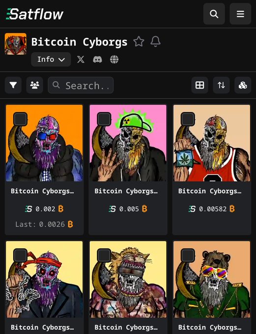A screenshot from the Satflow app showing a collection of 'Bitcoin Cyborgs' NFT artwork featuring skull characters in various outfits, with prices listed in Bitcoin.
