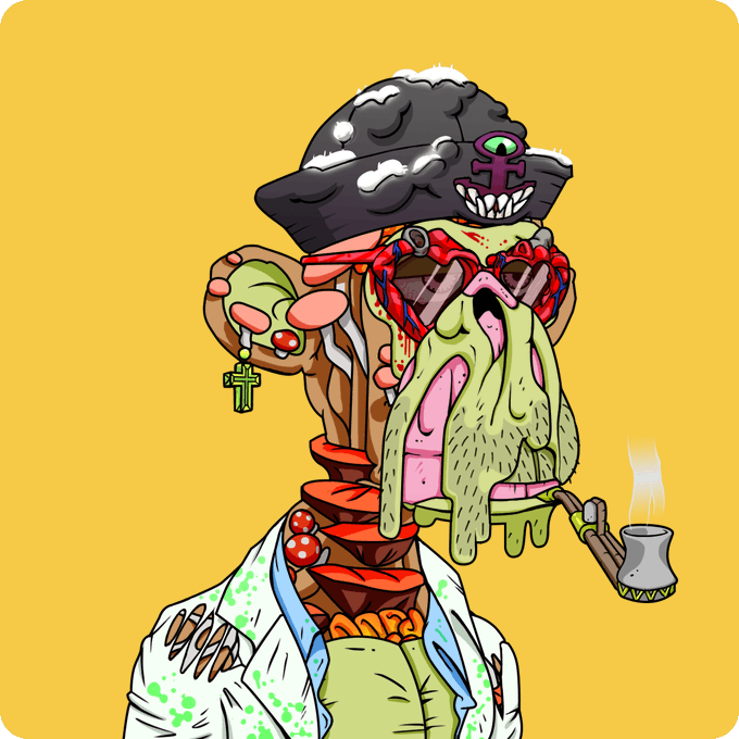 A grotesque cartoon illustration of a zombie-like character with a rock for a head, one green eye, exposed ribs, a drooping green mustache, and a pipe in its mouth, set against a yellow background.