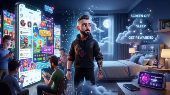 A digital illustration depicting a man connected to floating smartphones showing a social app interface with elements like 'TAP NOW!', 'REWARD', and 'UNLOCKED', alongside a bedroom scene showing a 'SCREEN OFF -> SLEEP -> GET REWARDED' cycle.