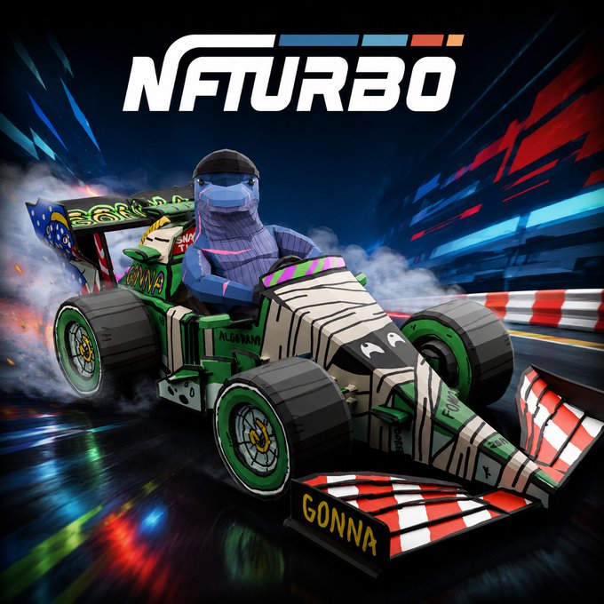 Promotional artwork for 'NFTURBO' featuring a blue ninja-like character driving a green race car with 'GONNA' written on the front bumper against a vibrant background.