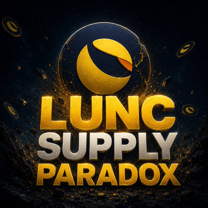 A graphic with the text 'LUNC SUPPLY PARADOX' in large gold and silver letters, set against a dark, textured background with a gold coin logo.