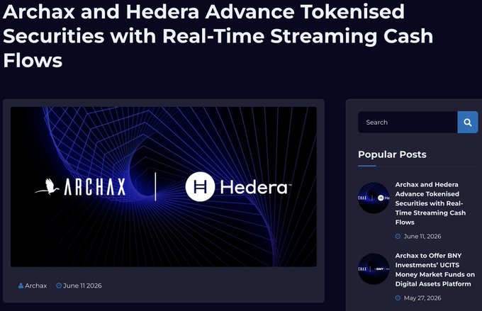 The image shows a website with a blue background, featuring a large graphic of a spiral design. The text at the top reads "archax and Hedera Advanced tokens secured with Real-time streaming Cash flows", while the bottom part displays a list of popular posts on the site.