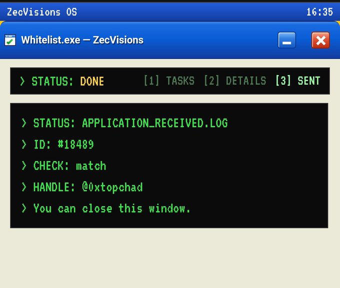 A retro computer interface window titled 'Whitelist.exe - ZecVisions' displays a 'STATUS: DONE' log including 'ID: #18489', 'CHECK: match', and 'HANDLE: @0xtopchad'.
