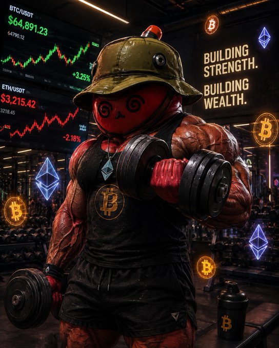 A muscular red-masked figure wearing a Bitcoin shirt lifts heavy dumbbells in a gym surrounded by floating crypto symbols (BTC, ETH, Ethereum) and trading screens showing BTC/USDT at $64,891.23 (+3.25%) and ETH/USDT at $3,215.42 (-2.18%), with neon text declaring "BUILDING STRENGTH. BUILDING WEALTH."—visually reinforcing the post's theme of crypto resilience and growth, as projects like Polymarket, Uniswap, and Mythos continue building infrastructure despite setbacks like Base's outages.