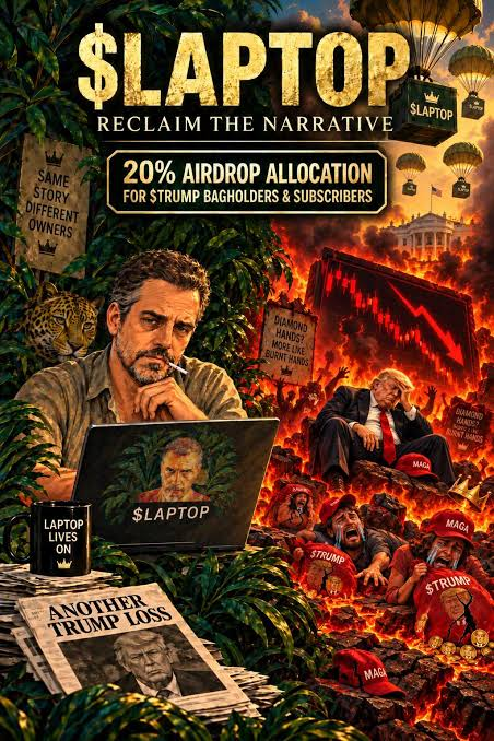 A chaotic promotional poster for '$LAPTOP - Reclaim the Narrative' offering '20% AIRDROP ALLOCATION FOR $TRUMP BAGHOLDERS & SUBSCRIBERS,' depicting a man smoking next to the White House in flames with MAGA supporters and leopards.