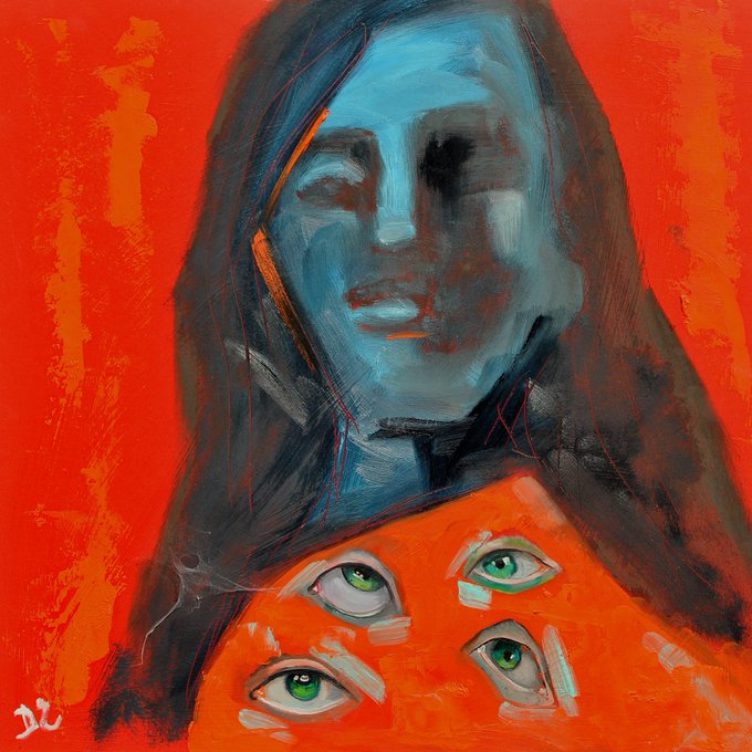 A striking oil portrait by the artist "DL" (signature visible in the bottom left) featuring a haunting figure with long dark hair and a blue-tinted face, holding or draped in a vivid orange cloth adorned with four prominent green eyes. The bold, apocalyptic composition—part of an 83-piece series created before the war—evokes themes of surveillance and human vulnerability, fittingly captioned "For your eyes only."