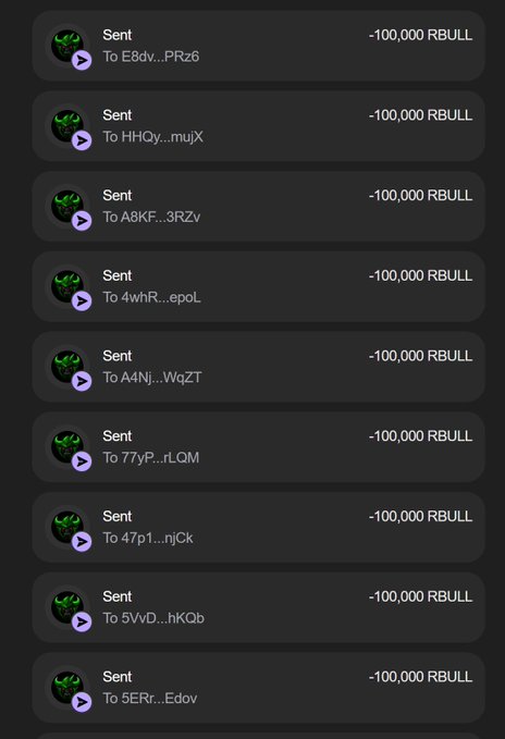 The image shows a transaction history displaying multiple "-100,000 RBULL" sent transfers to various truncated Solana wallet addresses, serving as proof of distribution for the ongoing $RBULL airdrop campaign. This visual evidence supports the post's claim that wallets are receiving the promised 150,000 $RBULL tokens as part of the first 777 wallet airdrop promotion.