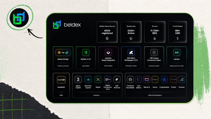 An infographic showcasing the Beldex Name Service with statistics (6500 registered, 3200+ Active, 11.72M+ IDX Burned, 8M+ LSD Funds Raised) and various partner integrations and ecosystem brands.