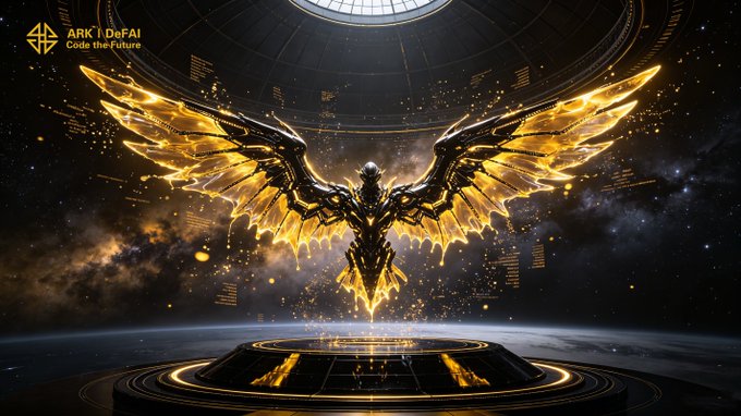 A glowing golden phoenix with outstretched wings rises from a circular platform against a cosmic backdrop, symbolizing transformation and ascent, with "ARK | DeFAI Code the Future" branding in the upper left. The phoenix embodies the post's message of empowering AI with wings—representing the $ARK ecosystem's evolution beyond conversation into real-world creation and utility, rising together toward new possibilities.