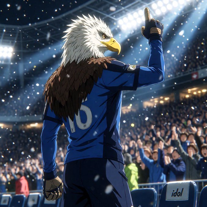 An anime-style illustration of an anthropomorphic bald eagle wearing a blue soccer jersey with the number 10, pointing upward toward stadium lights in a packed arena, with an 'idol' sign visible on seats.
