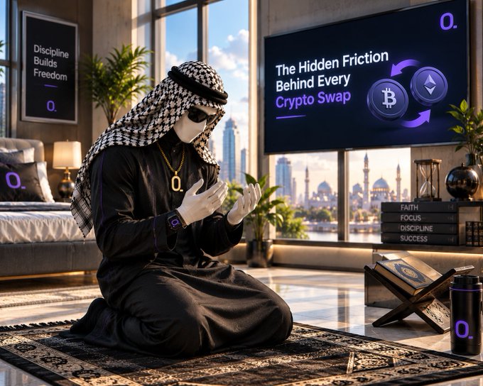 A digital illustration showing a person in traditional Middle Eastern attire kneeling on a prayer rug in a modern room, with a screen displaying 'The Hidden Friction Behind Every Crypto Swap' alongside Bitcoin and Ethereum logos.
