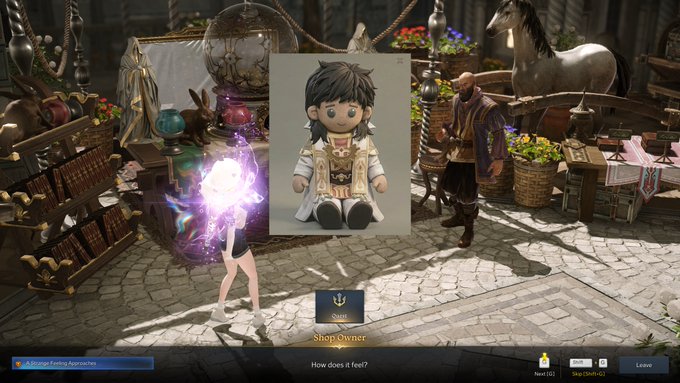 A video game screenshot of a Shop Owner NPC with a plush character overlay in the center, set in a medieval-style marketplace with the dialogue 'How does it feel?'.