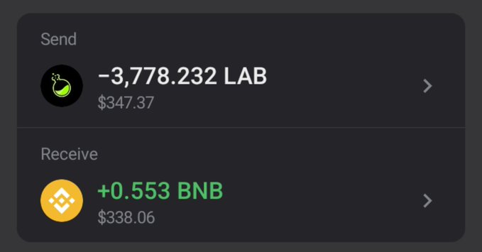 A dark-mode cryptocurrency exchange interface shows a transaction to Send '-3,778.232 LAB' ($347.37) and Receive '+0.553 BNB' ($338.06).