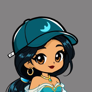 A chibi-style cartoon girl with long dark hair, brown eyes, and a teal baseball cap featuring a moon crescent design, styled in an off-shoulder teal top with gold jewelry. The dreamy aesthetic of the character aligns perfectly with the "#DreamyGirls" NFT collection promoted in the post, showcasing one of the unique creations available on OpenSea.