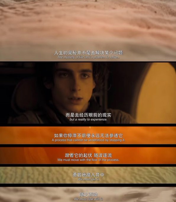 A cinematic image featuring Timothée Chalamet with bilingual Chinese and English subtitles reading "人生的奥秘并不是去解决某个问题 / The mystery of life isn't a problem to solve," "而是去经历眼前的现实 / but a reality to experience," "如果你停滞不前便永远无法参透它 / A process that cannot be understood by stopping it," "跟着它的起伏 随波逐流 / We must move with the flow of the process," "勇敢地踏入其中 / We must join it," and "随之而动 / We must flow with it." The quote aligns with the post's reflective tone about navigating the fast-paced BNB meme ecosystem, encouraging embracing change and moving with the flow rather than resisting it during this transformative first week at four.meme.