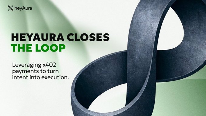 The image features a black and green spiral design that appears to be made from a material like rubber or plastic, possibly resembling a cordless phone cord. The text above the spiral reads "heyura closes the loop" and below the spiral says "leveraging x402 payments to turn intent into execution." This suggests that the spiral is related to cryptocurrency or blockchain technology, as it could be used for transactions or other purposes within this digital landscape.
