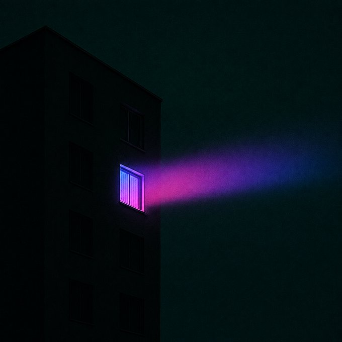 A dark building with a single illuminated window emits a vibrant pink and purple beam of light into the night, symbolizing an active AI agent working alone while the rest of the world remains offline.