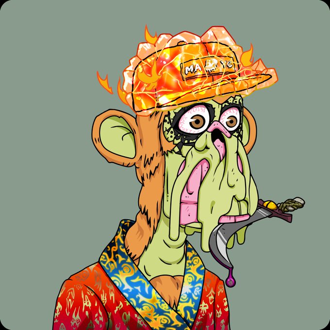 A cartoonish ape character wearing a flame-covered cap labeled "MAYC," a patterned red robe, and sporting a melting green face with wild eyes, smoking a cigar-like object. The image exemplifies the Bored Ape Yacht Club NFT art style referenced in the post, illustrating how owning such NFTs serves as a unique digital identity and cultural symbol within web3 communities.