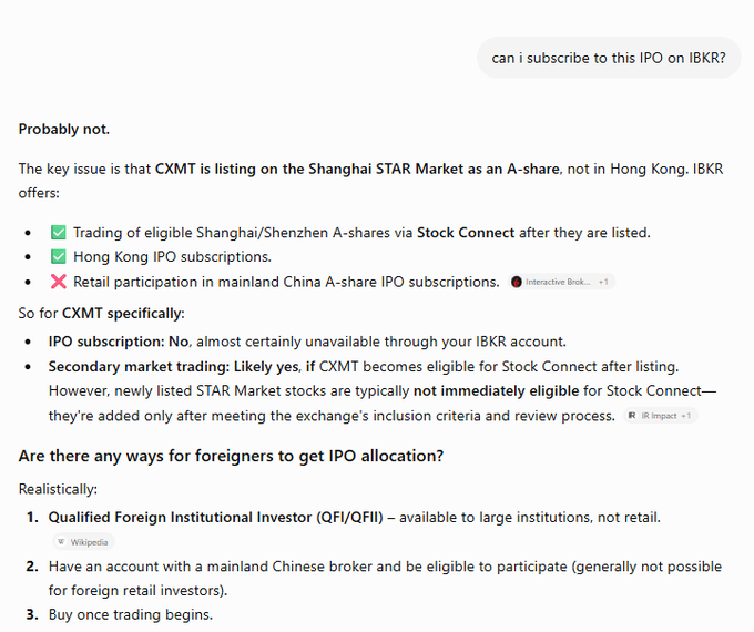 An Interactive Brokers chat explaining that IBKR users cannot subscribe to the CXMT IPO on the Shanghai STAR Market, as retail participation in mainland A-share IPOs is not available—only secondary market trading via Stock Connect is possible after listing.