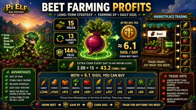 A Pi ELF promotional graphic detailing Beet Farming Profits strategy with stats like 15 Fields, 13 Harvests/Day, and 144% XP yield.