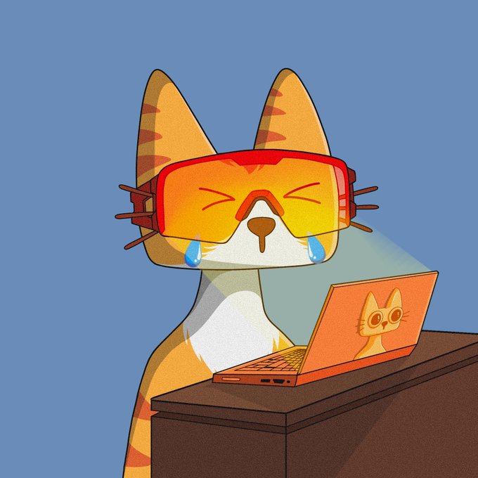 An illustration of an orange tabby cat wearing large red VR goggles with tears in its eyes, sitting at a desk and looking at a laptop displaying a cat image.