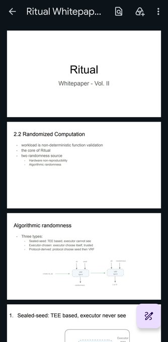 A mobile screenshot of a "Ritual Whitepaper - Vol. II" document covering topics like "2.2 Randomized Computation" and "Algorithmic randomness" with related diagrams.