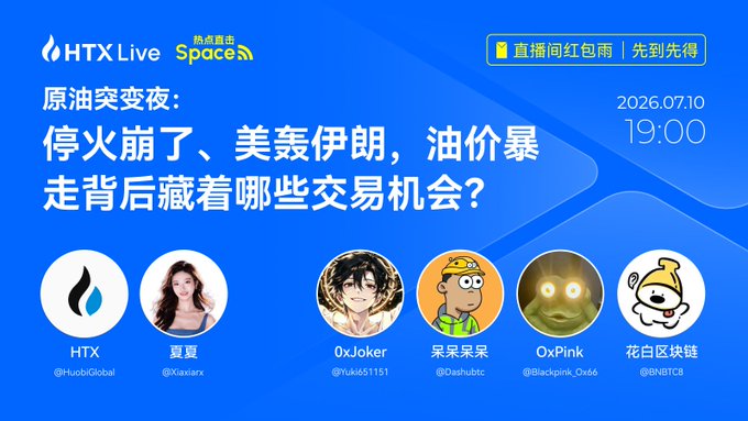 A promotional graphic for an HTX Live Space event scheduled for 2026.07.10 at 19:00, featuring Chinese text about 'Crude Oil Night: Ceasefire, US strikes Iran, oil price surge', alongside profile pictures of six participants.